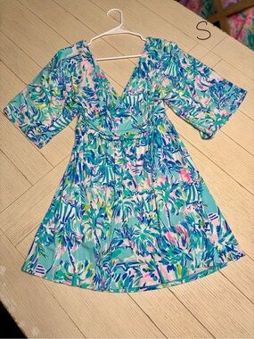 Lilly Pulitzer Aqua Pink Blue Green Floral V-Neck Long Sleeve Dress